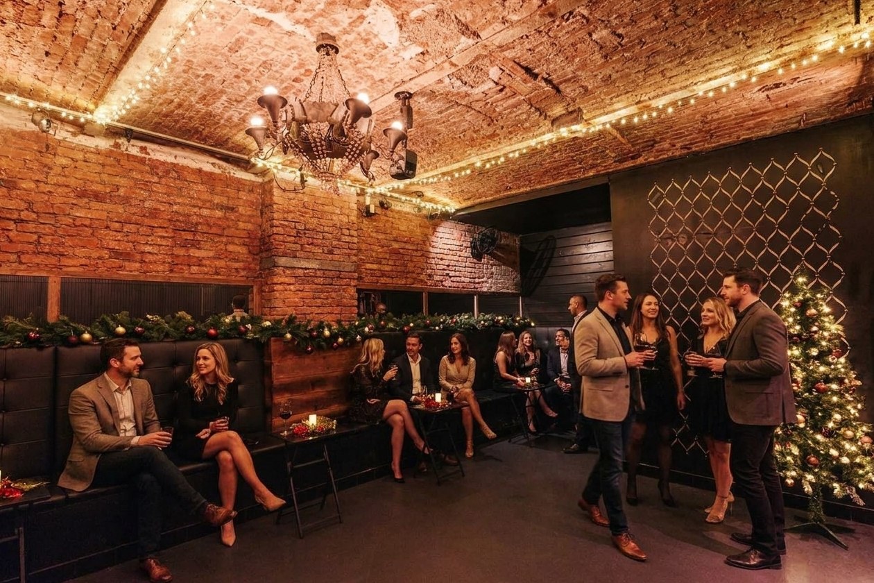 Styled illustration: the Whiskey Cellar at B Lounge NYC dressed for a holiday party, with string lights, garland and a Christmas tree